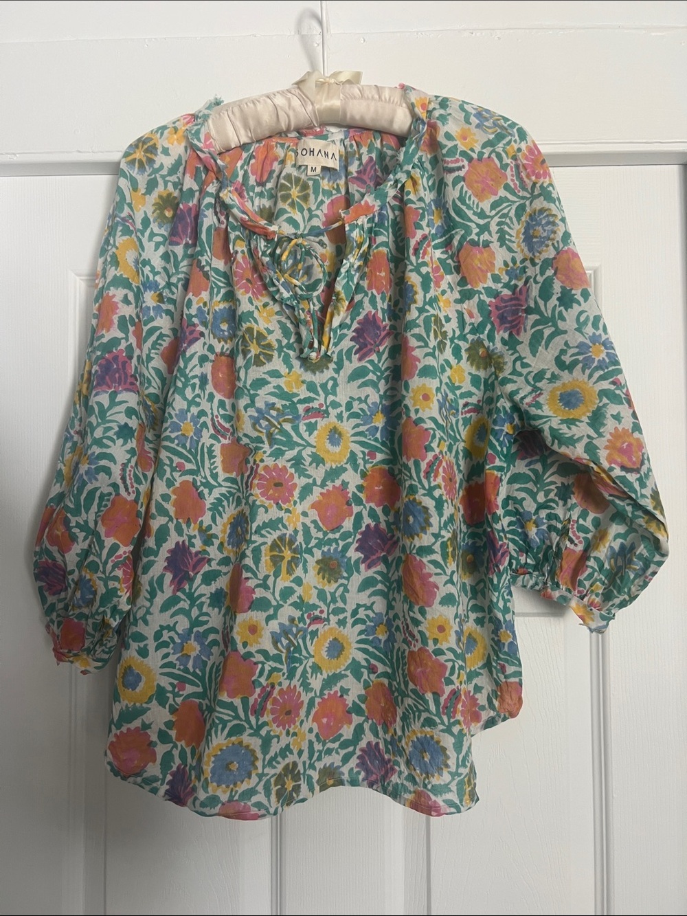 Sohana 100% Cotton Floral Boho Blouse w Tie Neck Made in India Medium